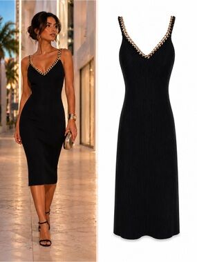 Pookie & Sebastian Black Gold Chain Ribbed Sweater Dress NWT Small